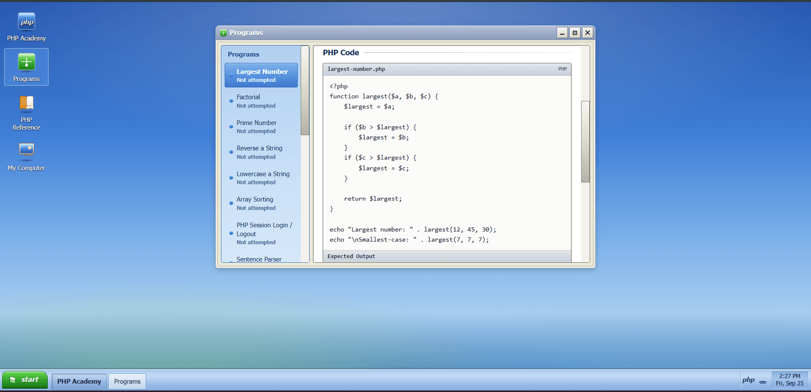 PHP Academy programs list with an inline PHP editor and expected output test cases